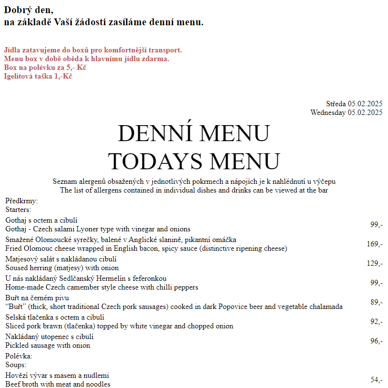 Dejvická sokolovna - Denní menu 5.2.2025