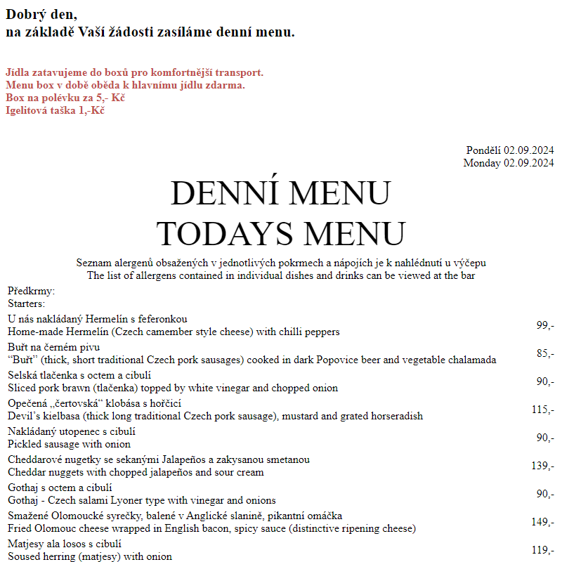 Dejvická sokolovna - Denní menu 2.9.2024