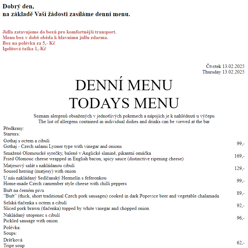 Dejvická sokolovna - Denní menu 13.2.2025