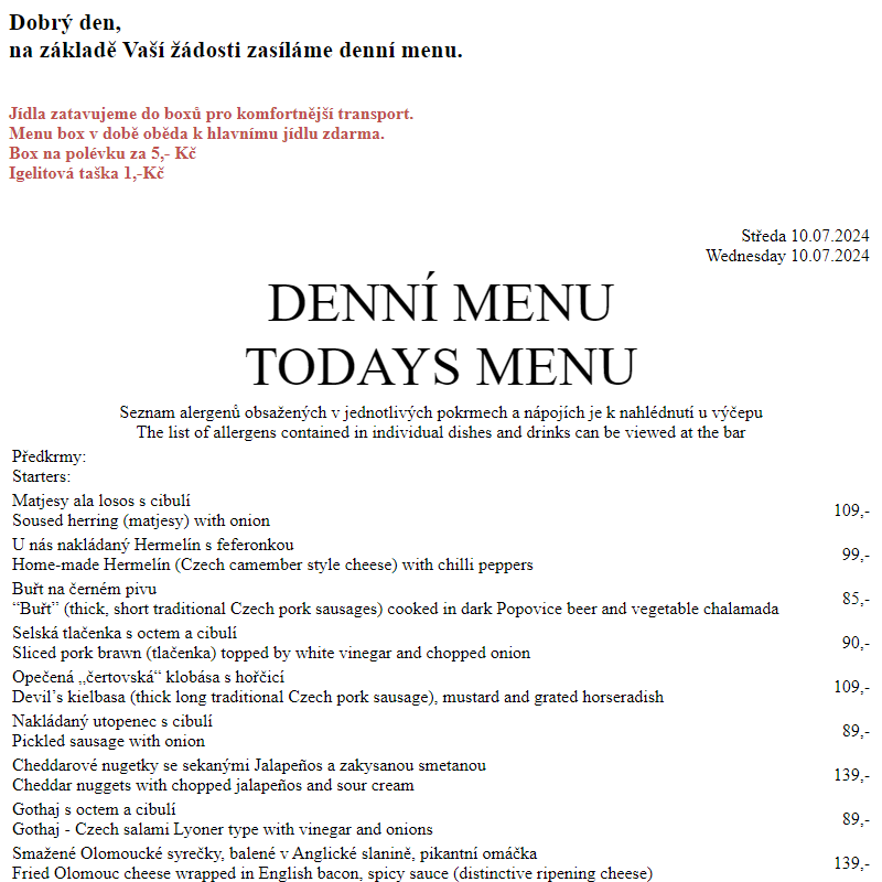 Dejvická sokolovna - Denní menu 10.7.2024