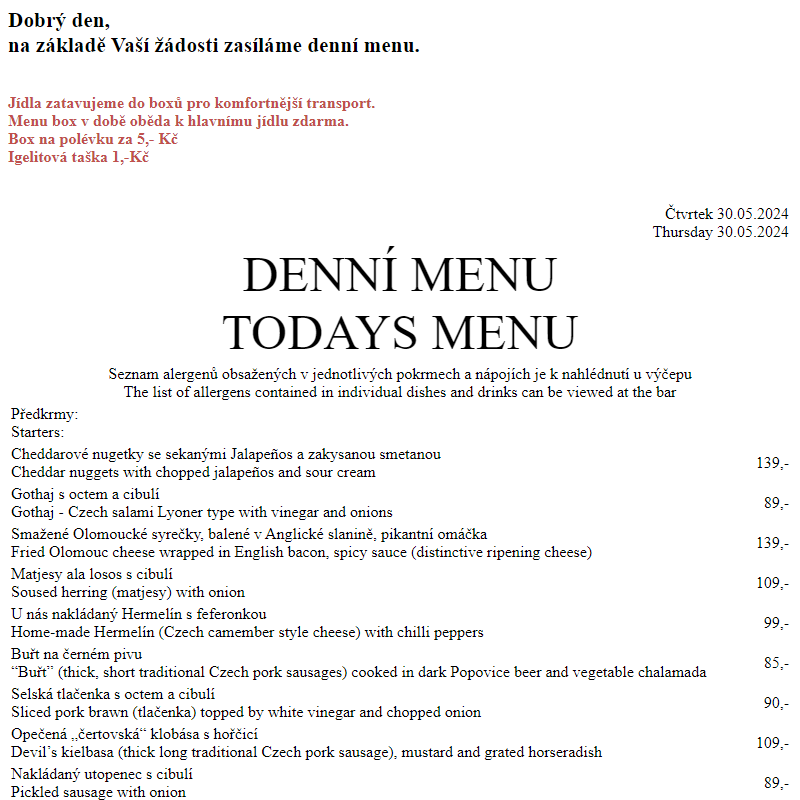 Dejvická sokolovna - Denní menu 30.5.2024