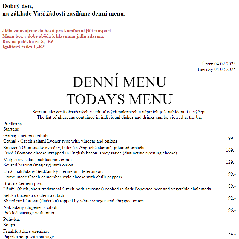 Dejvická sokolovna - Denní menu 4.2.2025