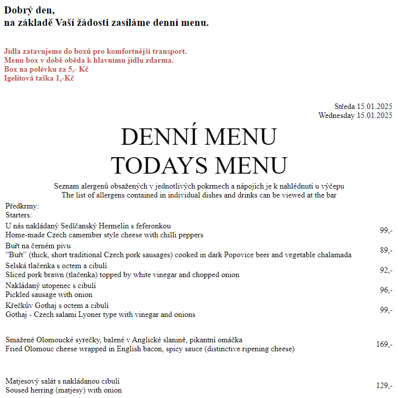 Dejvická sokolovna - Denní menu 15.1.2025