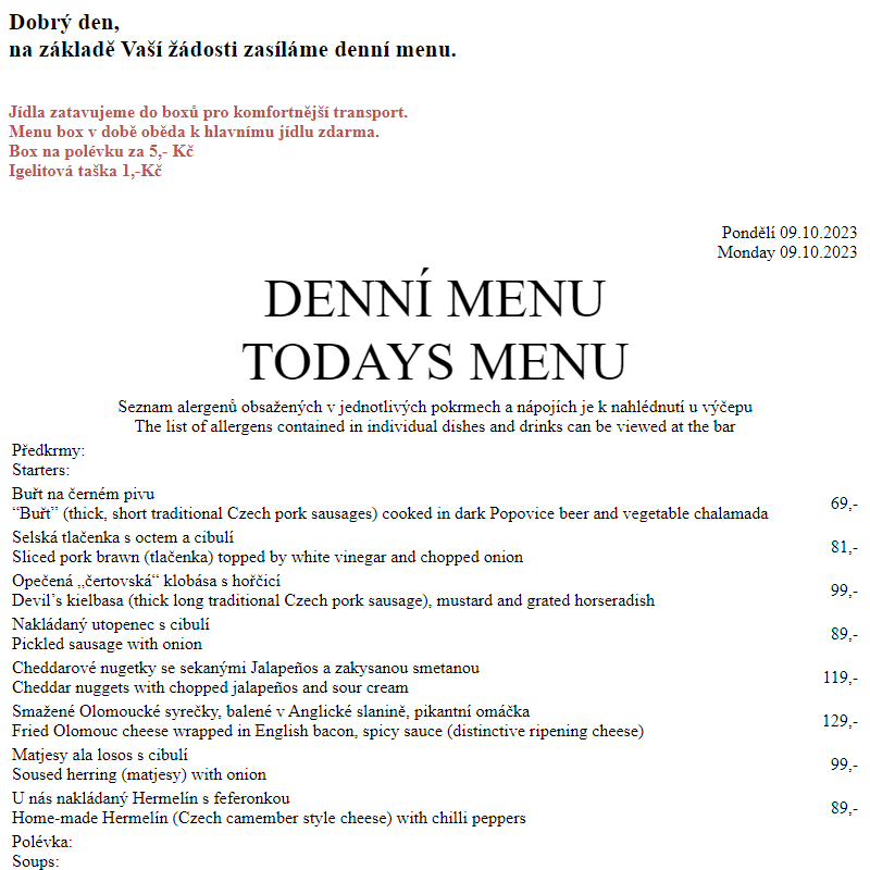 Dejvická sokolovna - Denní menu 9.10.2023