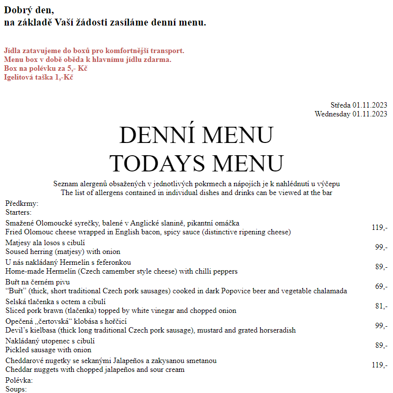 Dejvická sokolovna - Denní menu 1.11.2023