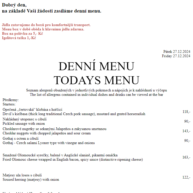 Dejvická sokolovna - Denní menu 27.12.2024