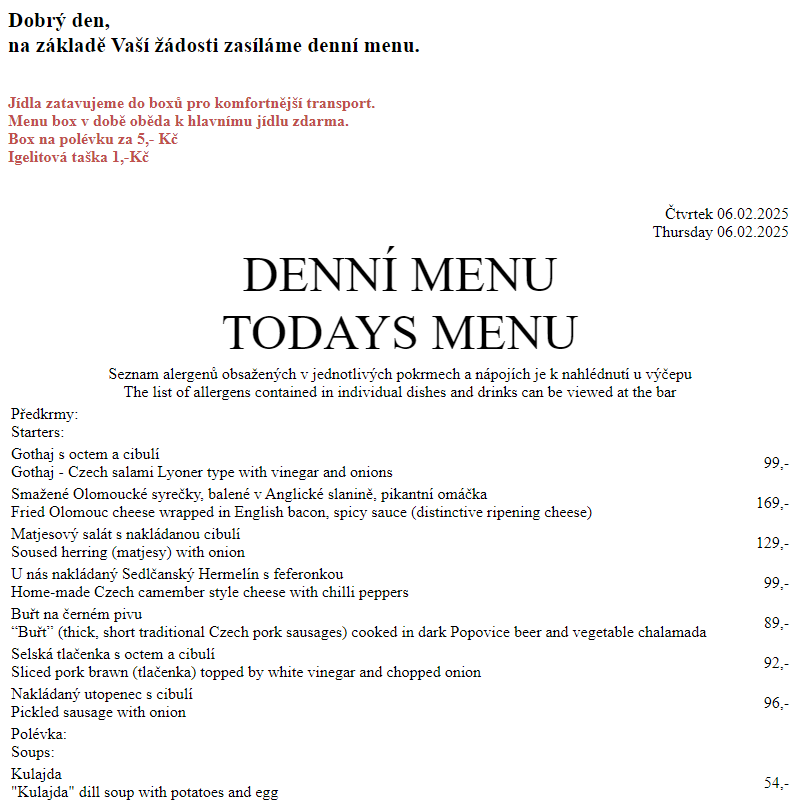 Dejvická sokolovna - Denní menu 6.2.2025