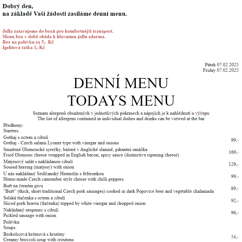 Dejvická sokolovna - Denní menu 7.2.2025