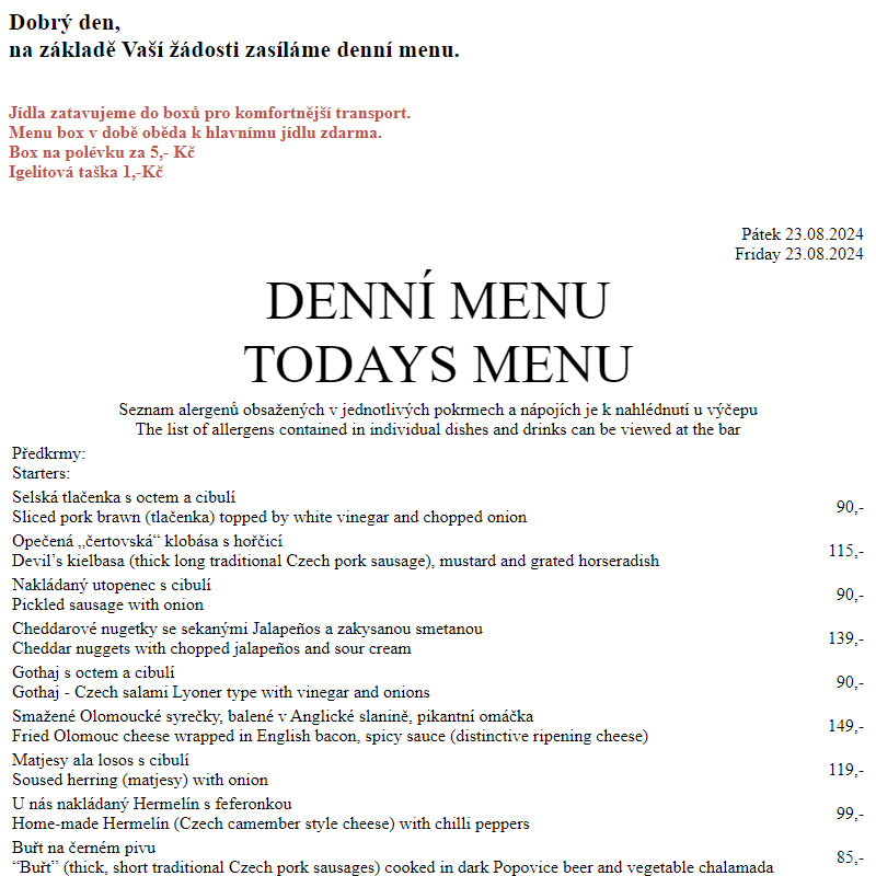 Dejvická sokolovna - Denní menu 23.8.2024