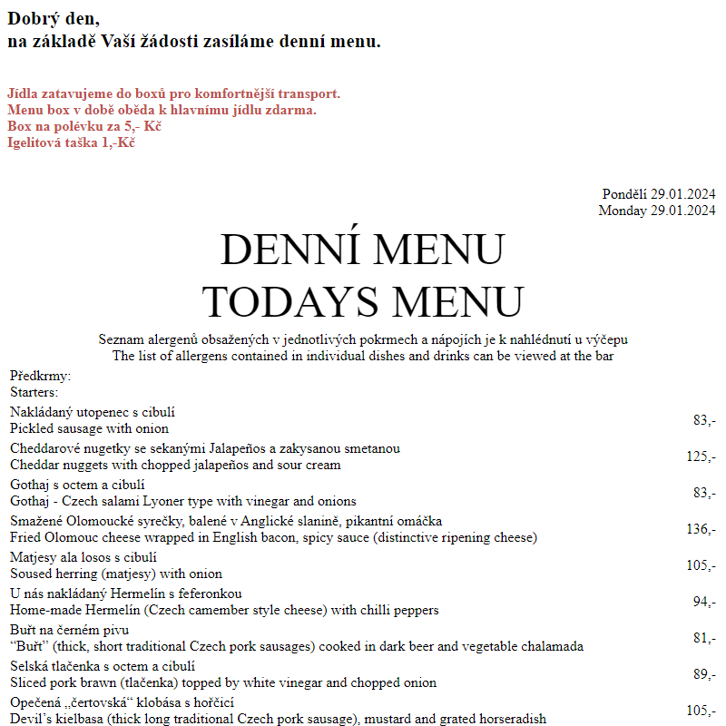 Dejvická sokolovna - Denní menu 29.1.2024
