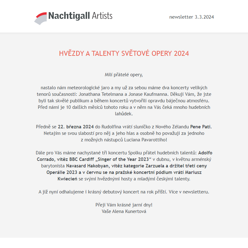 Nachtigall Artists newsletter - 3. 3. 2024
