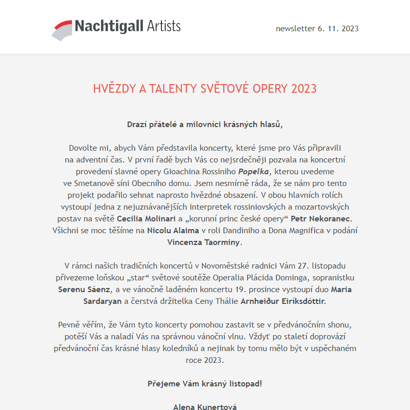 Nachtigall Artists newsletter - 6. 11. 2023