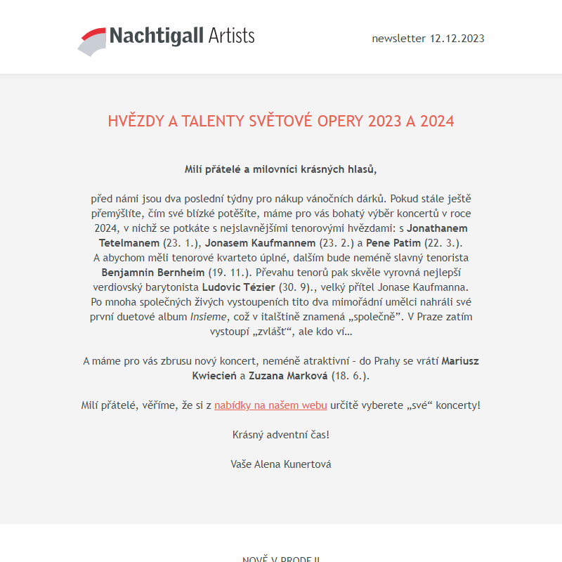 Nachtigall Artists newsletter - 12. 12. 2023