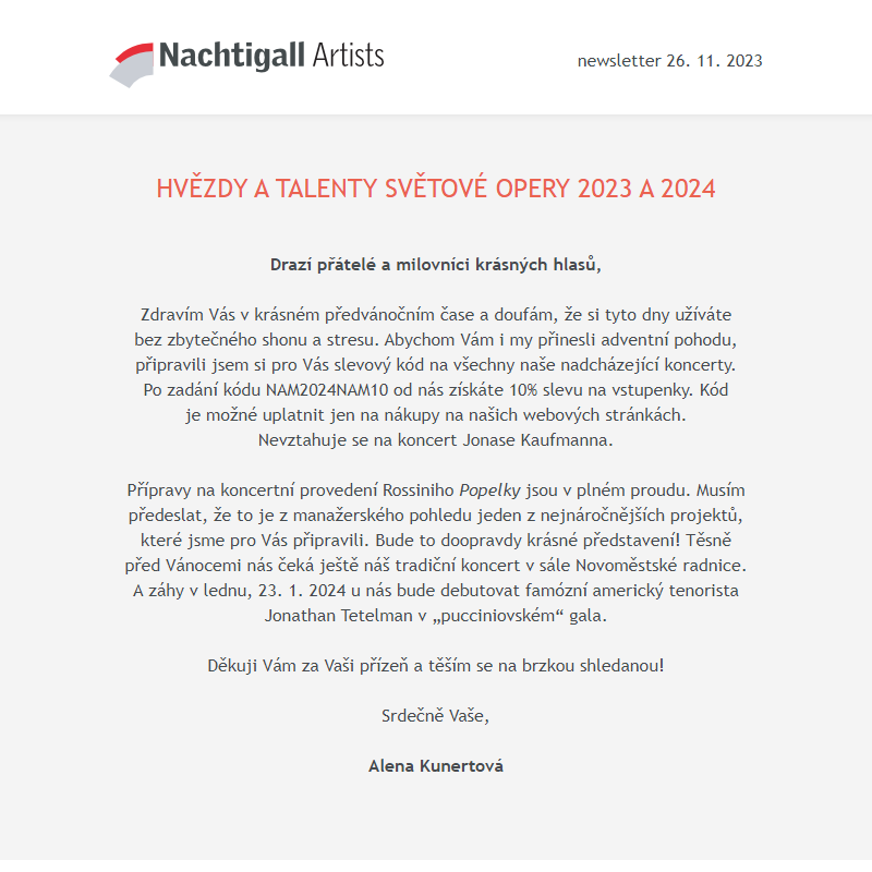 Nachtigall Artists newsletter - 26. 11. 2023