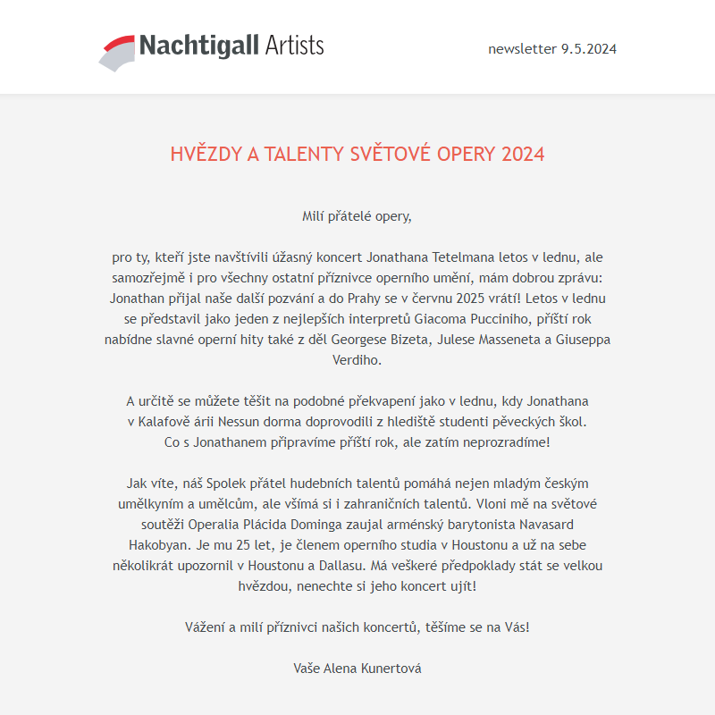 Nachtigall Artists newsletter - 9. 5. 2024