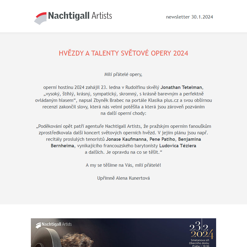 Nachtigall Artists newsletter - 30. 1. 2024
