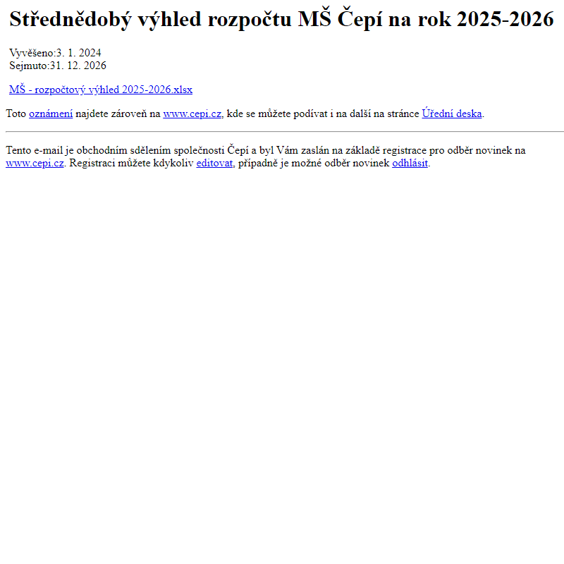 Na úřední desku www.cepi.cz bylo přidáno oznámení Střednědobý výhled rozpočtu MŠ Čepí na rok 2025-2026