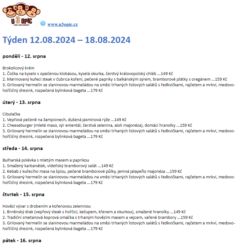 U 3 OPIC - týdenní menu