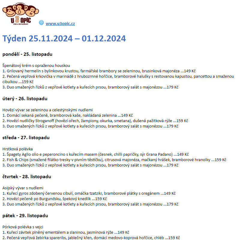 U 3 OPIC - týdenní menu