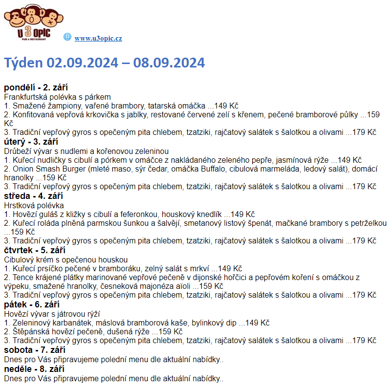 U 3 OPIC - týdenní menu