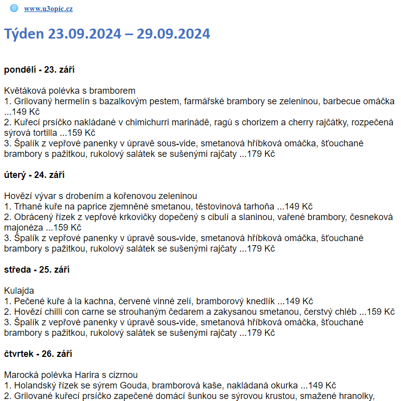 U 3 OPIC - týdenní menu