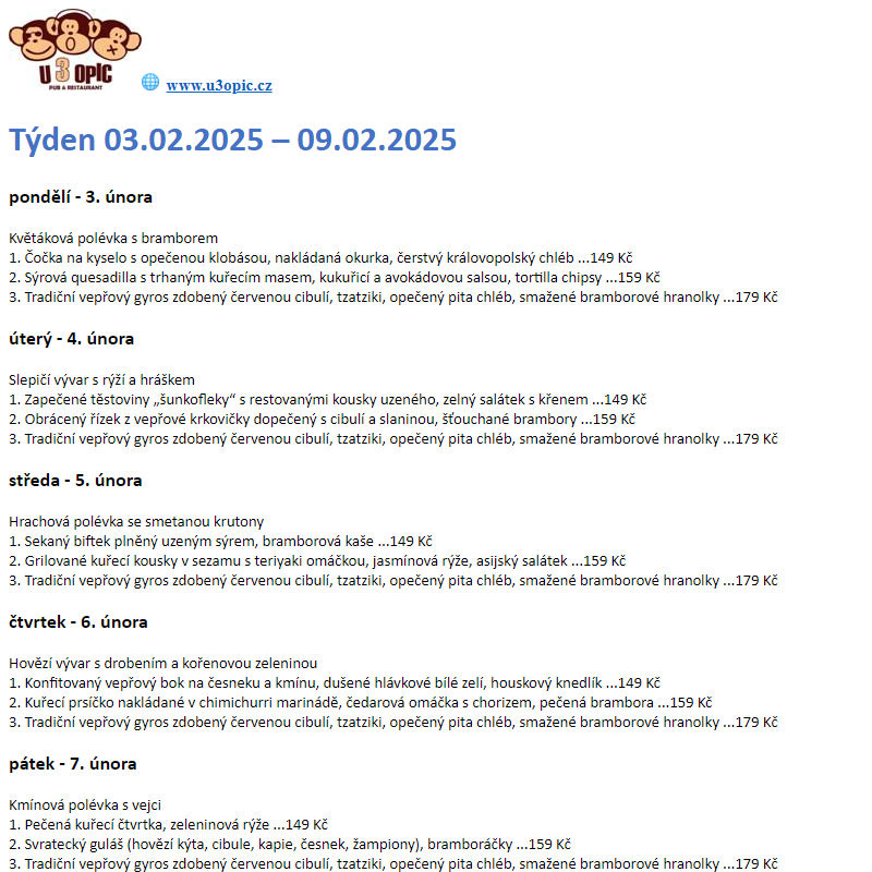 U 3 OPIC - týdenní menu