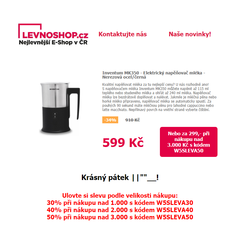 Elektrický napěňovač mléka jen za 299,- při nákupu nad 3.000 Kč! 