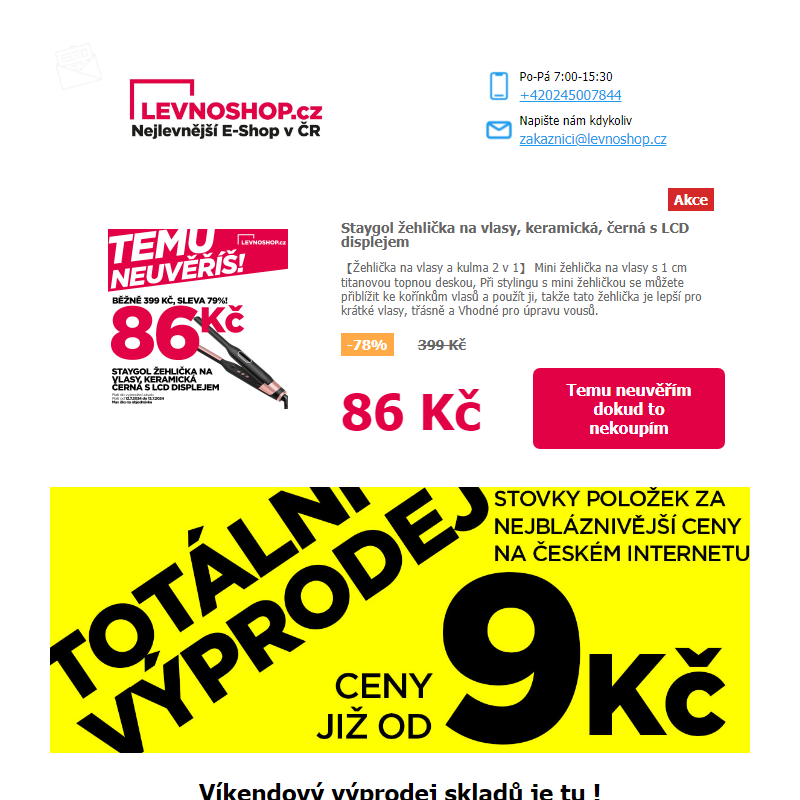 Žehlička na vlasy jen za 86,- Kč se slevou 79% a k tomu velký výprodej skladů již od 9,- Kč!!