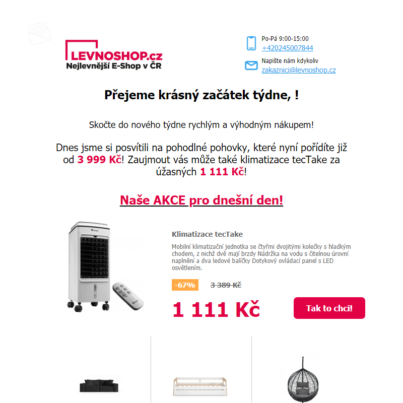 Žhavé pondělí: Klimatizace tecTake za 1111 Kč + Pohovky již od 3 999 Kč! Tady je LEVNO!