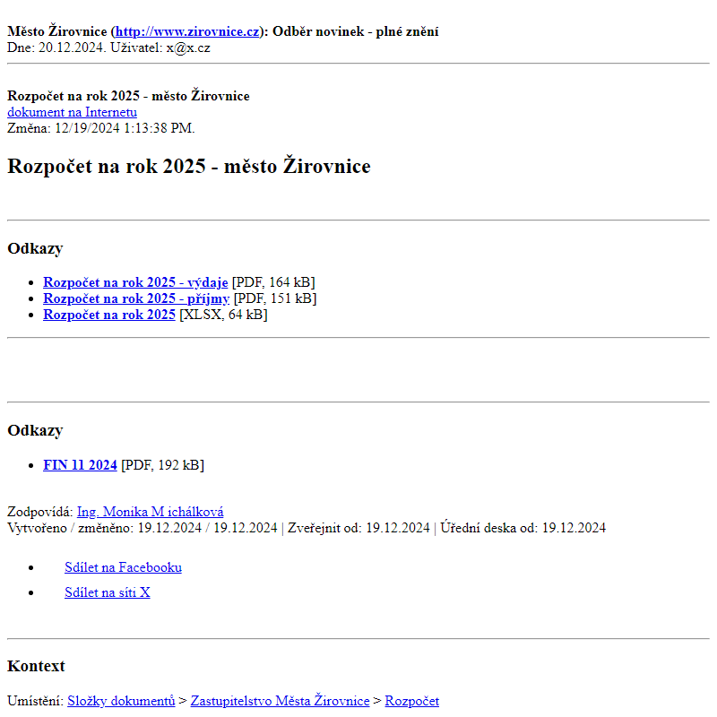 Odběr novinek ze dne 20.12.2024 - dokument Rozpočet na rok 2025 - město Žirovnice