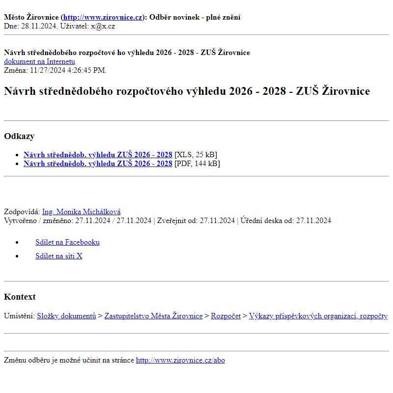 Odběr novinek ze dne 28.11.2024 - dokument Návrh střednědobého rozpočtového výhledu 2026 - 2028 - ZUŠ Žirovnice