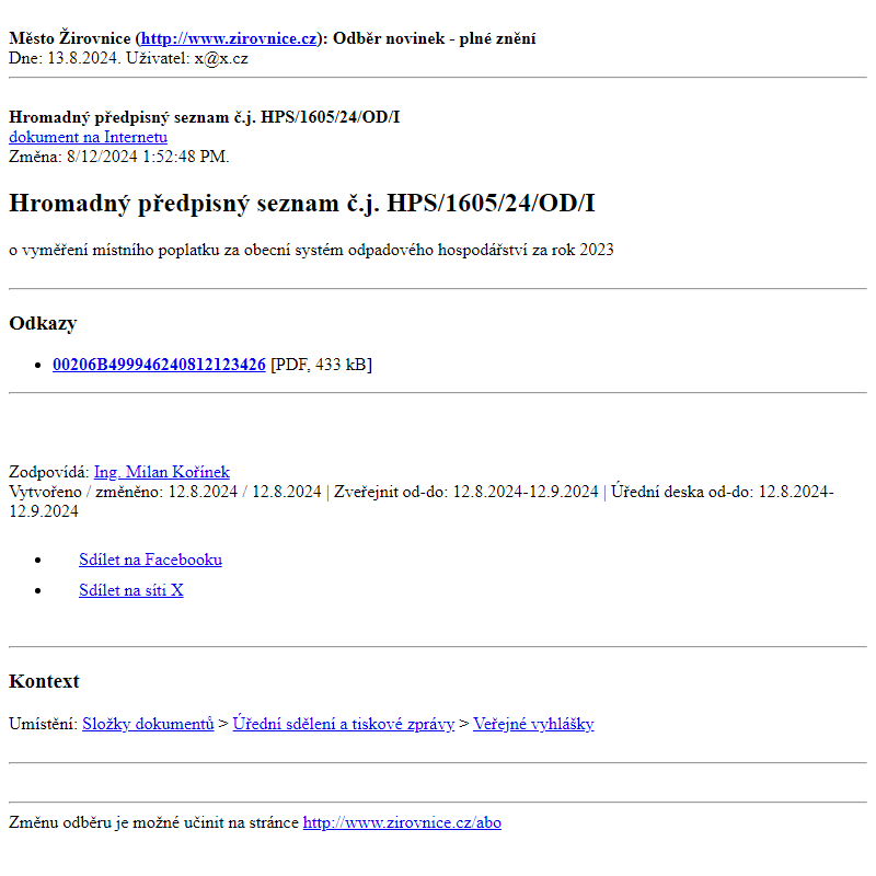 Odběr novinek ze dne 13.8.2024 - dokument Hromadný předpisný seznam č.j. HPS/1605/24/OD/I