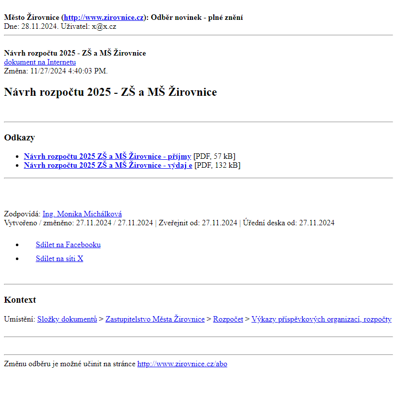 Odběr novinek ze dne 28.11.2024 - dokument Návrh rozpočtu 2025 - ZŠ a MŠ Žirovnice