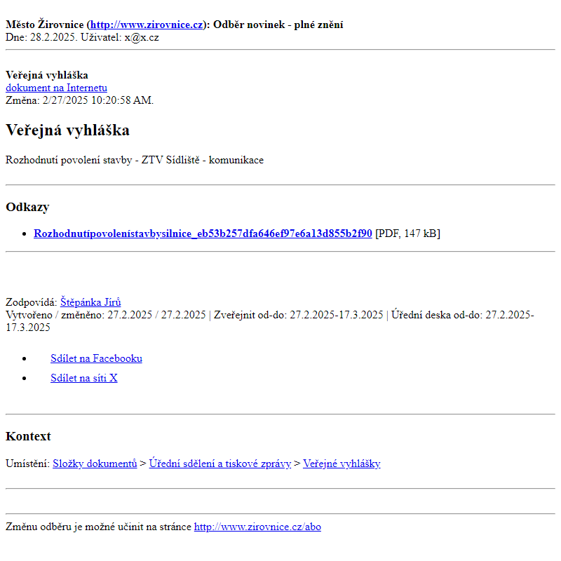 Odběr novinek ze dne 28.2.2025 - dokument Veřejná vyhláška