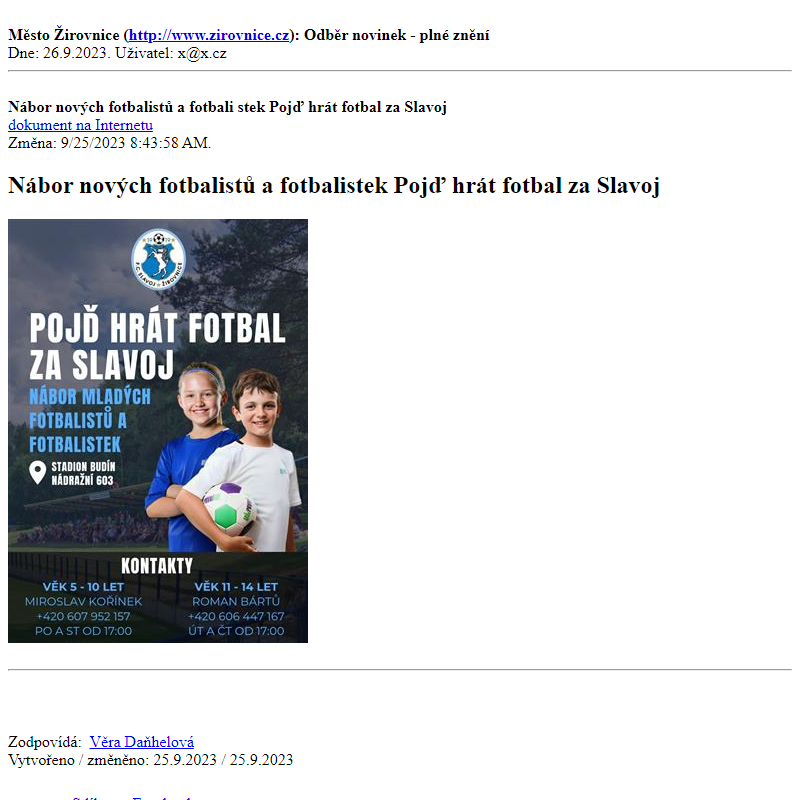 Odběr novinek ze dne 26.9.2023 - dokument Nábor nových fotbalistů a fotbalistek   Pojď hrát fotbal za Slavoj