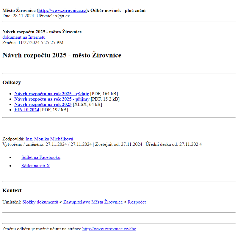 Odběr novinek ze dne 28.11.2024 - dokument Návrh rozpočtu 2025 - město Žirovnice