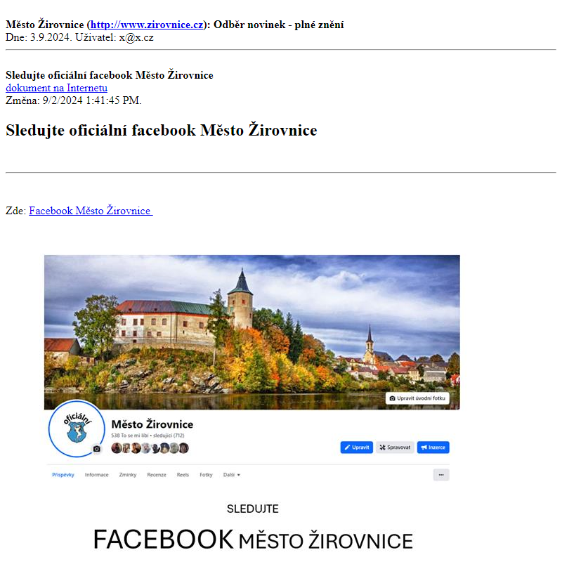 Odběr novinek ze dne 3.9.2024 - dokument Sledujte oficiální facebook Město Žirovnice