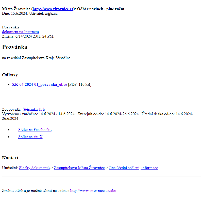 Odběr novinek ze dne 15.6.2024 - dokument Pozvánka