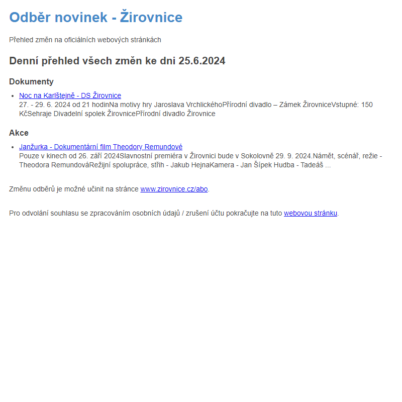 Odběr novinek ze dne 25.6.2024