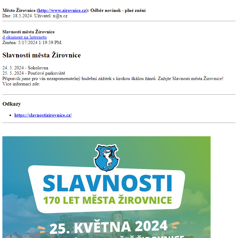 Odběr novinek ze dne 18.5.2024 - dokument Slavnosti města Žirovnice