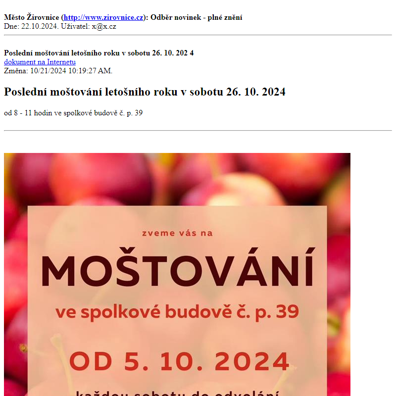 Odběr novinek ze dne 22.10.2024 - dokument Poslední moštování letošního roku v sobotu 26. 10. 2024