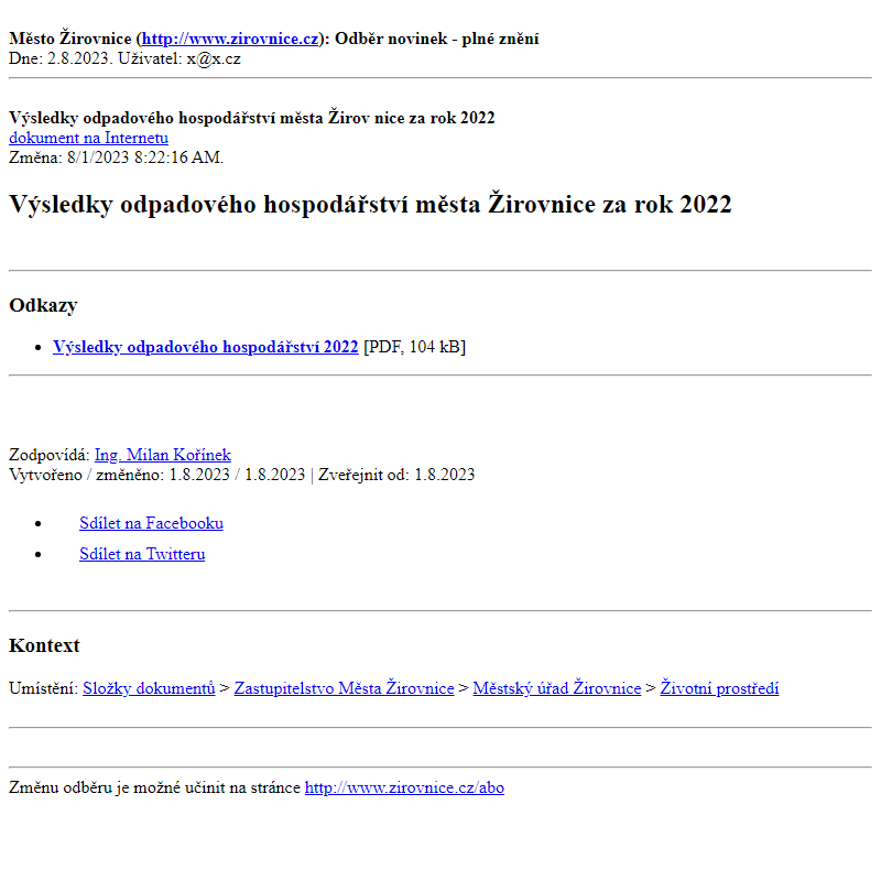 Odběr novinek ze dne 2.8.2023 - dokument Výsledky odpadového hospodářství města Žirovnice za rok 2022