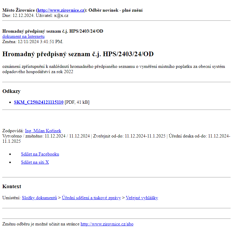 Odběr novinek ze dne 12.12.2024 - dokument Hromadný předpisný seznam č.j. HPS/2403/24/OD