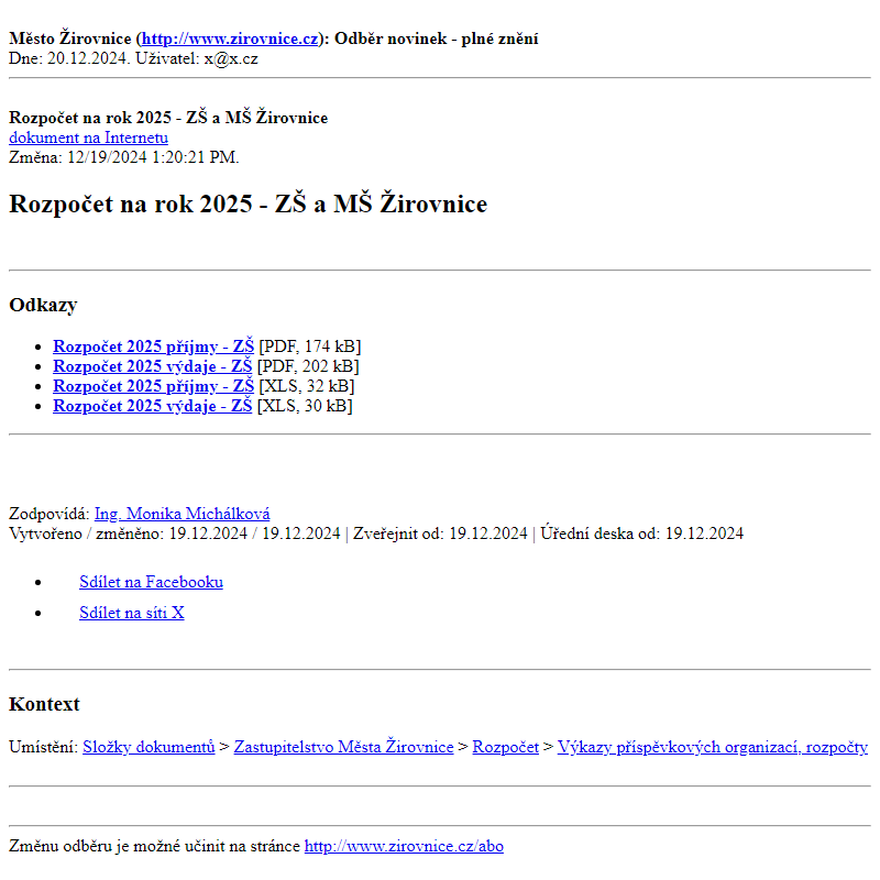 Odběr novinek ze dne 20.12.2024 - dokument Rozpočet na rok 2025 - ZŠ a MŠ Žirovnice