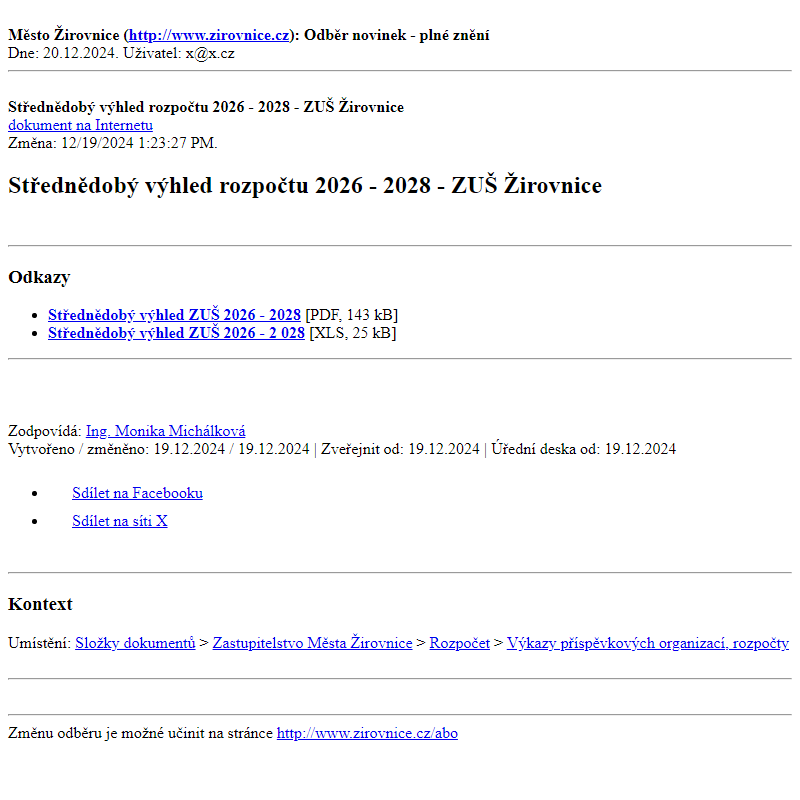 Odběr novinek ze dne 20.12.2024 - dokument Střednědobý výhled rozpočtu 2026 - 2028 - ZUŠ Žirovnice