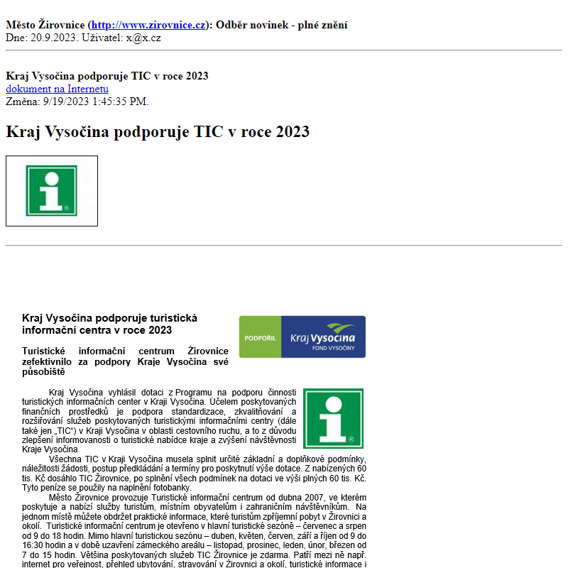 Odběr novinek ze dne 20.9.2023 - dokument Kraj Vysočina podporuje TIC v roce 2023