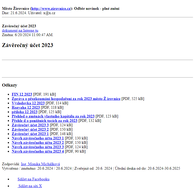 Odběr novinek ze dne 21.6.2024 - dokument Závěrečný účet 2023