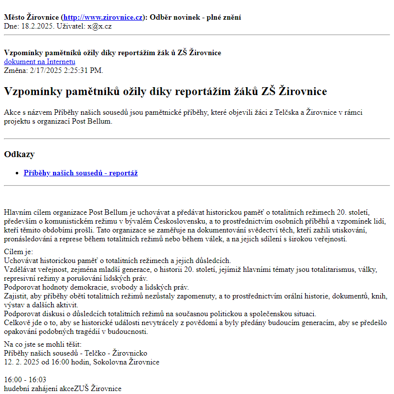 Odběr novinek ze dne 18.2.2025 - dokument Vzpomínky pamětníků ožily díky reportážím žáků ZŠ Žirovnice