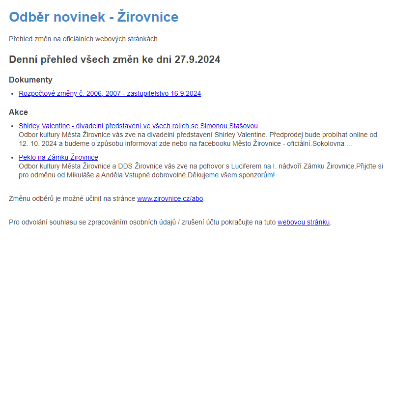 Odběr novinek ze dne 27.9.2024