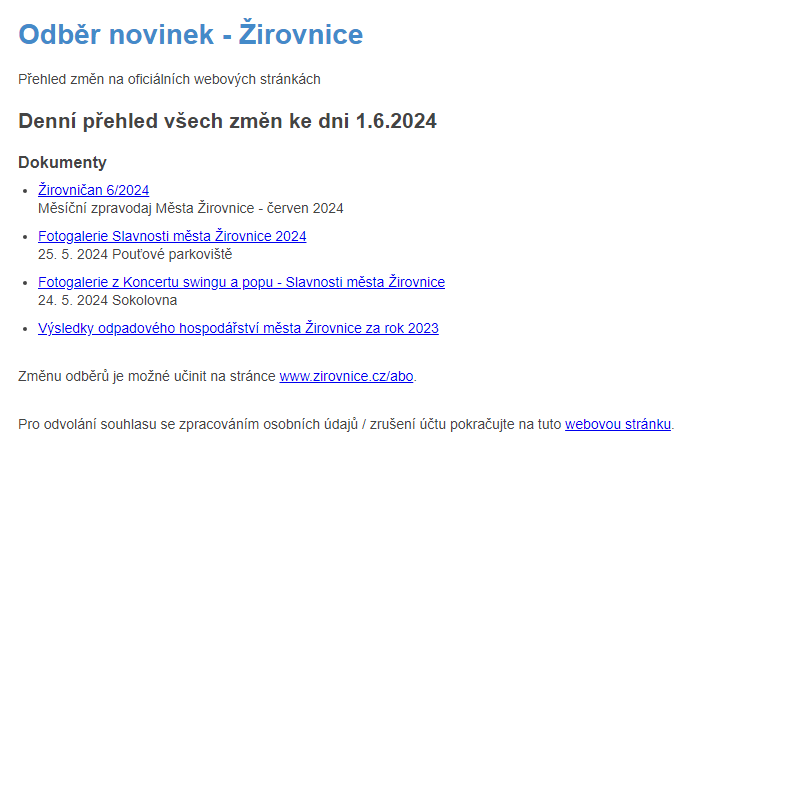 Odběr novinek ze dne 1.6.2024